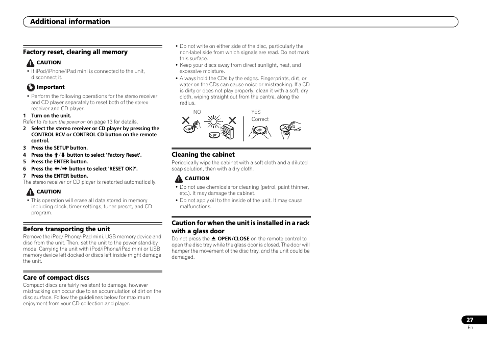 Factory reset, clearing all memory, Before transporting the unit, Care of compact discs | Cleaning the cabinet, A glass door, Additional information | Pioneer P1-S User Manual | Page 27 / 30