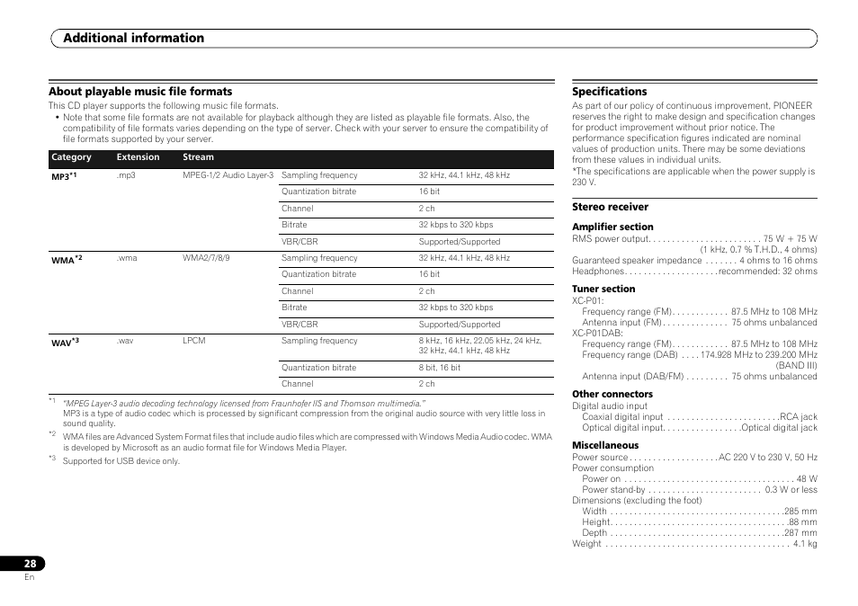 About playable music file formats, Specifications, Additional information | Pioneer P1-S User Manual | Page 28 / 30