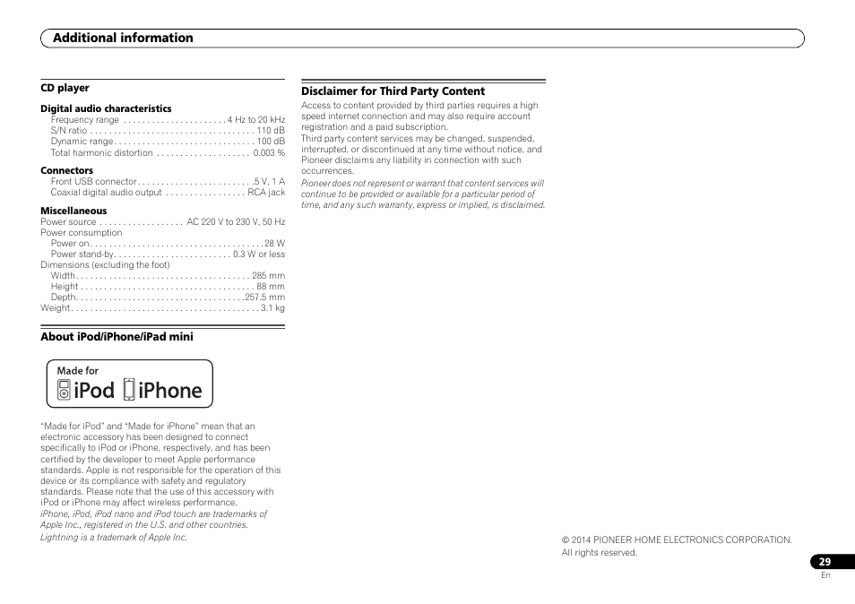 About ipod/iphone/ipad mini, Disclaimer for third party content, Additional information | Pioneer P1-S User Manual | Page 29 / 30