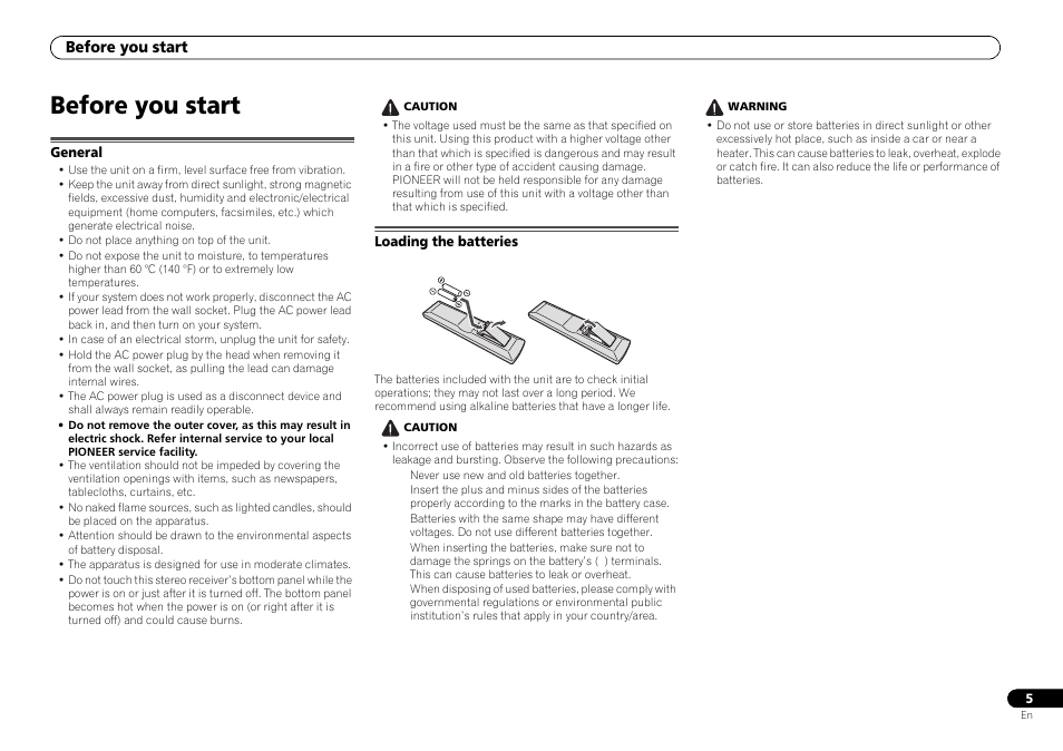 Before you start, General, Loading the batteries | Pioneer P1-S User Manual | Page 5 / 30