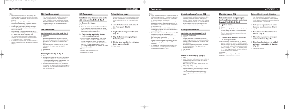 Instalación <español, Installation <english, Montaje delantero/trasero din | Montaje delantero din, Montaje trasero din, Colocación del panel delantero, Din rear-mount, Fixing the front panel, Din front/rear-mount, Din front-mount | Pioneer DEH-P5530MP User Manual | Page 2 / 8