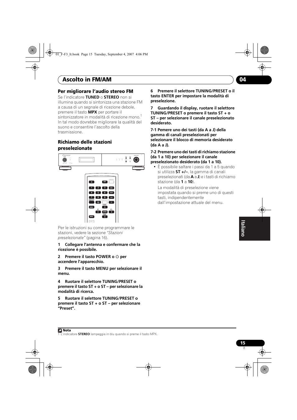 Ascolto in fm/am 04, Per migliorare l’audio stereo fm, Richiamo delle stazioni preselezionate | Standby, Rds tuned stereo band display auto preset menu | Pioneer F-F3-J User Manual | Page 103 / 134