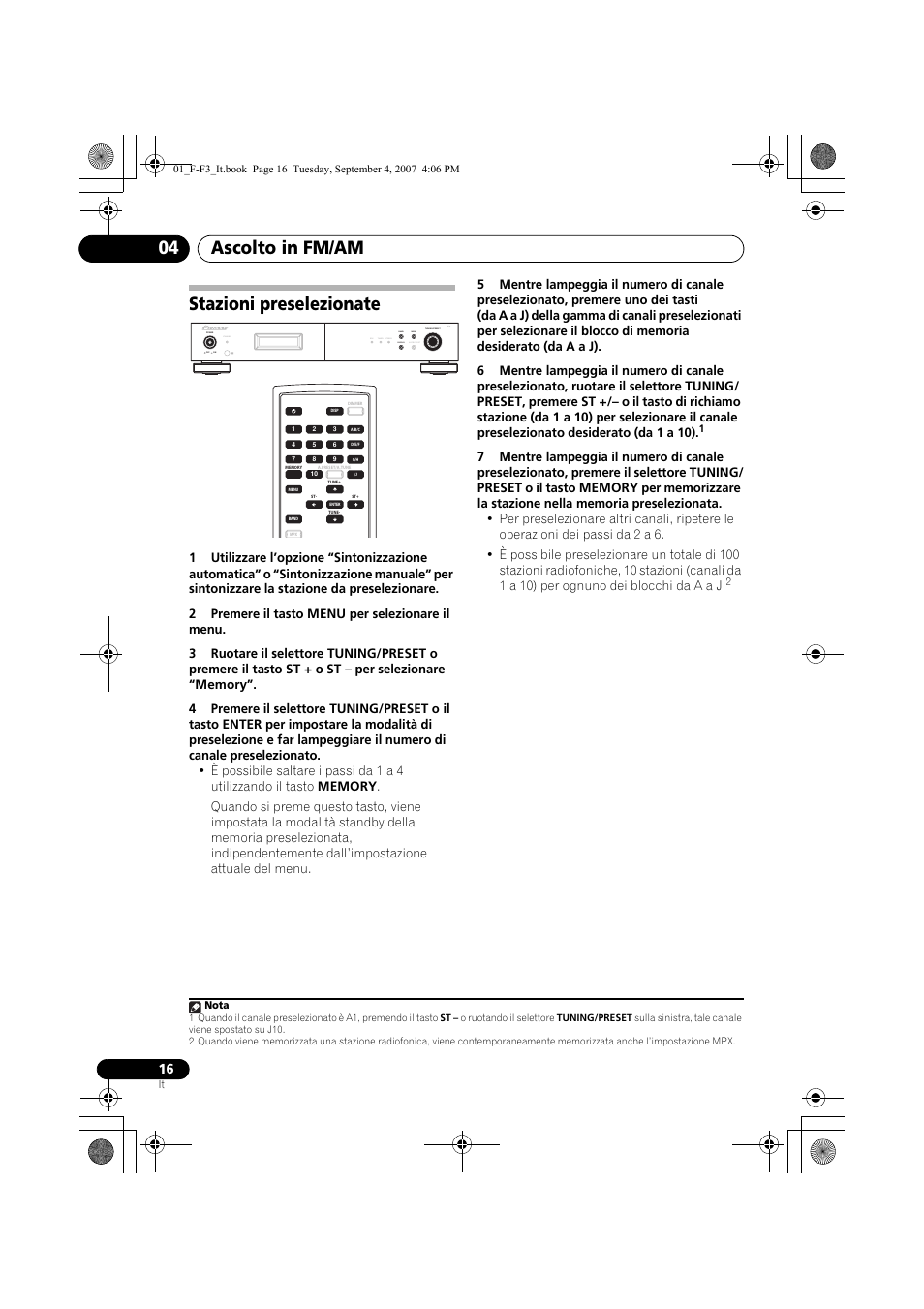 Stazioni preselezionate, Ascolto in fm/am 04, Standby | Rds tuned stereo band display auto preset menu | Pioneer F-F3-J User Manual | Page 104 / 134