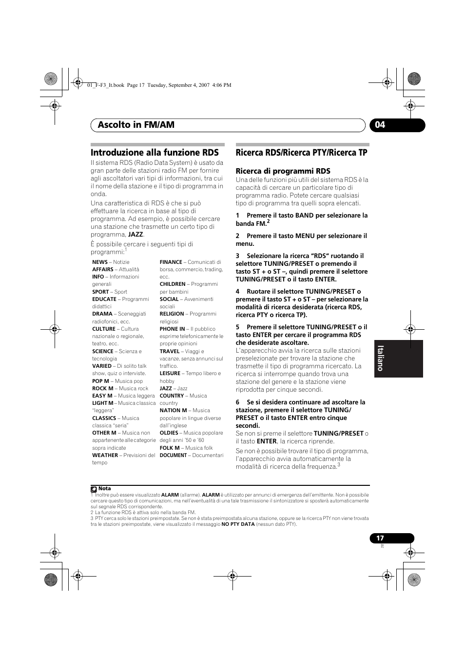 Introduzione alla funzione rds, Ricerca rds/ricerca pty/ricerca tp, Ascolto in fm/am 04 | Pioneer F-F3-J User Manual | Page 105 / 134