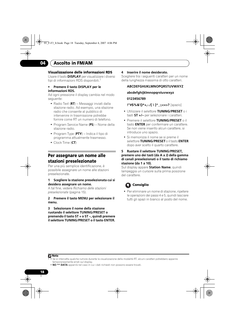 Per assegnare un nome alle stazioni preselezionate, Ascolto in fm/am 04 | Pioneer F-F3-J User Manual | Page 106 / 134