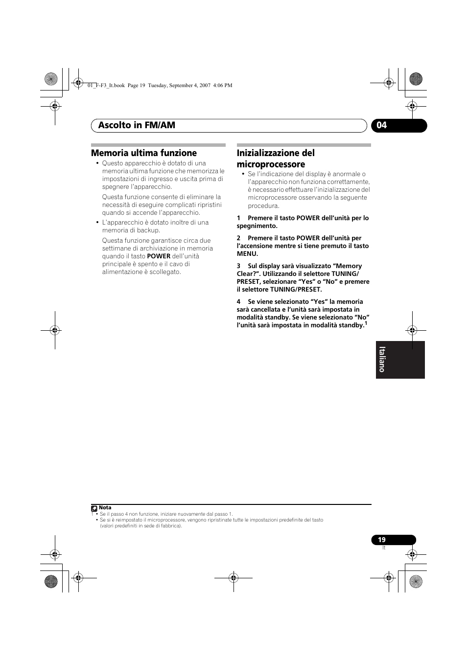 Memoria ultima funzione, Inizializzazione del microprocessore, Ascolto in fm/am 04 | Pioneer F-F3-J User Manual | Page 107 / 134
