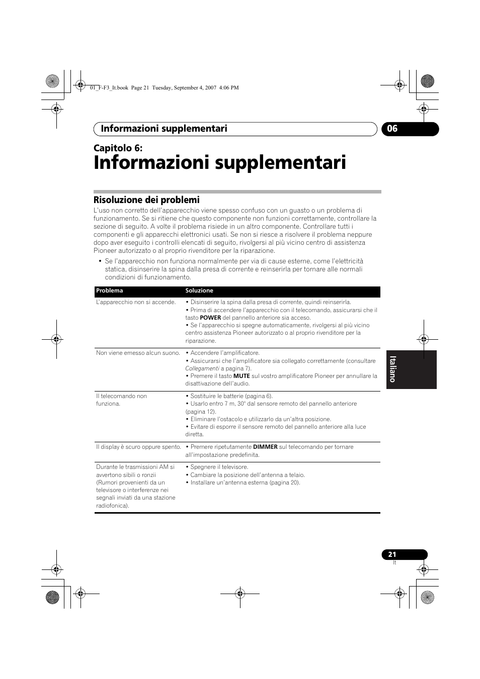 06 informazioni supplementari, Risoluzione dei problemi, Informazioni supplementari | Informazioni supplementari 06, Capitolo 6 | Pioneer F-F3-J User Manual | Page 109 / 134
