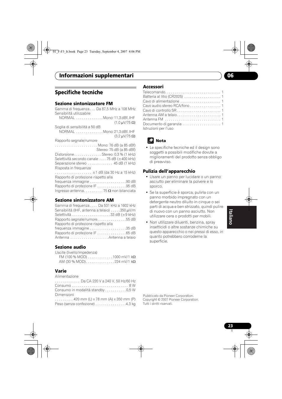 Specifiche tecniche, Informazioni supplementari 06 | Pioneer F-F3-J User Manual | Page 111 / 134