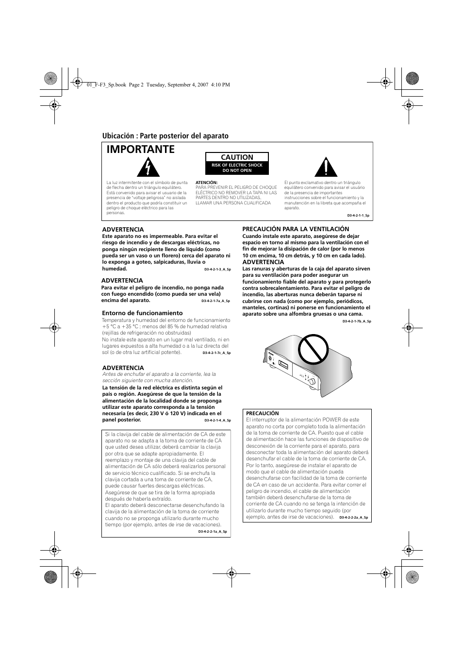 Importante, Ubicación : parte posterior del aparato | Pioneer F-F3-J User Manual | Page 112 / 134