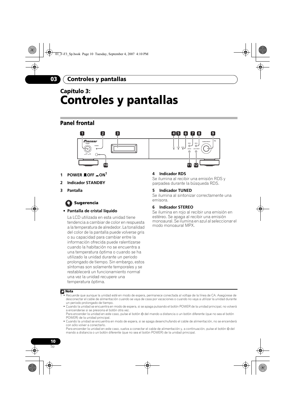 03 controles y pantallas, Panel frontal, Controles y pantallas | Controles y pantallas 03, Capítulo 3 | Pioneer F-F3-J User Manual | Page 120 / 134