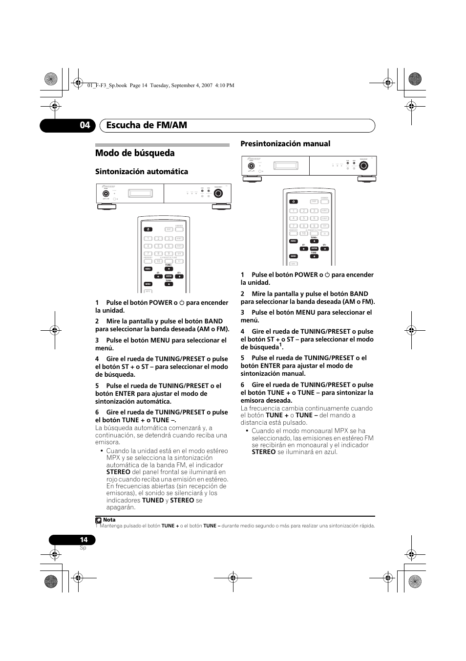 Modo de búsqueda, Escucha de fm/am 04, Sintonización automática | Presintonización manual, Standby, Rds tuned stereo band display auto preset menu | Pioneer F-F3-J User Manual | Page 124 / 134