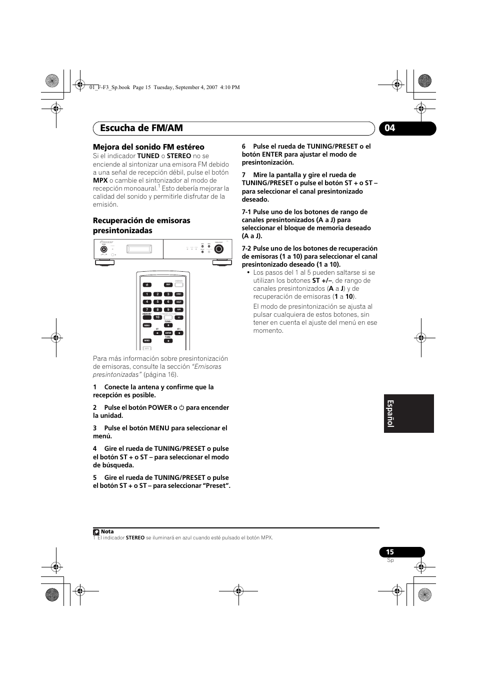 Escucha de fm/am 04, Mejora del sonido fm estéreo, Recuperación de emisoras presintonizadas | Standby, Rds tuned stereo band display auto preset menu | Pioneer F-F3-J User Manual | Page 125 / 134