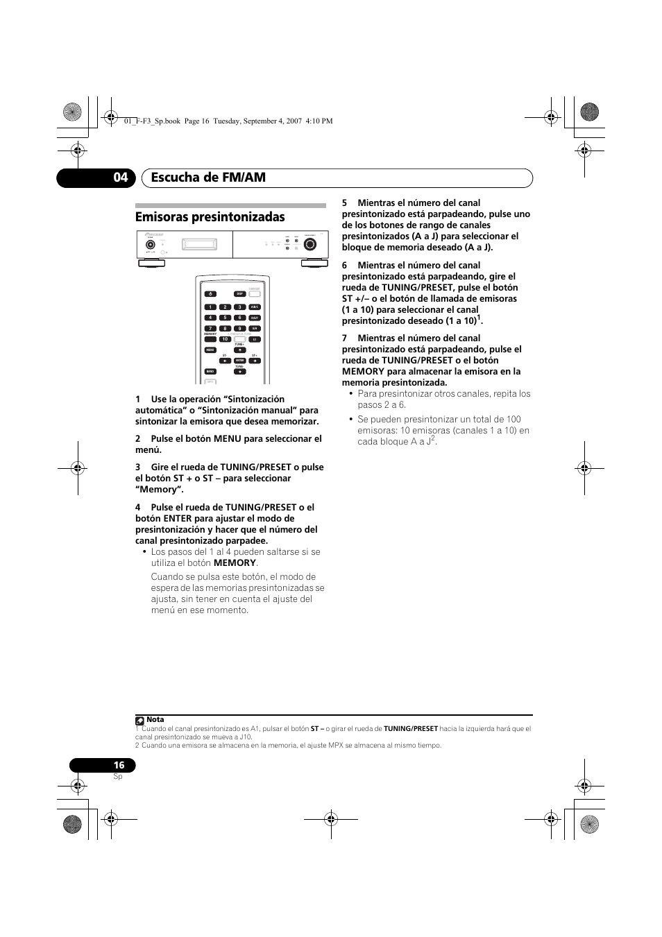Emisoras presintonizadas, Escucha de fm/am 04, Standby | Rds tuned stereo band display auto preset menu | Pioneer F-F3-J User Manual | Page 126 / 134