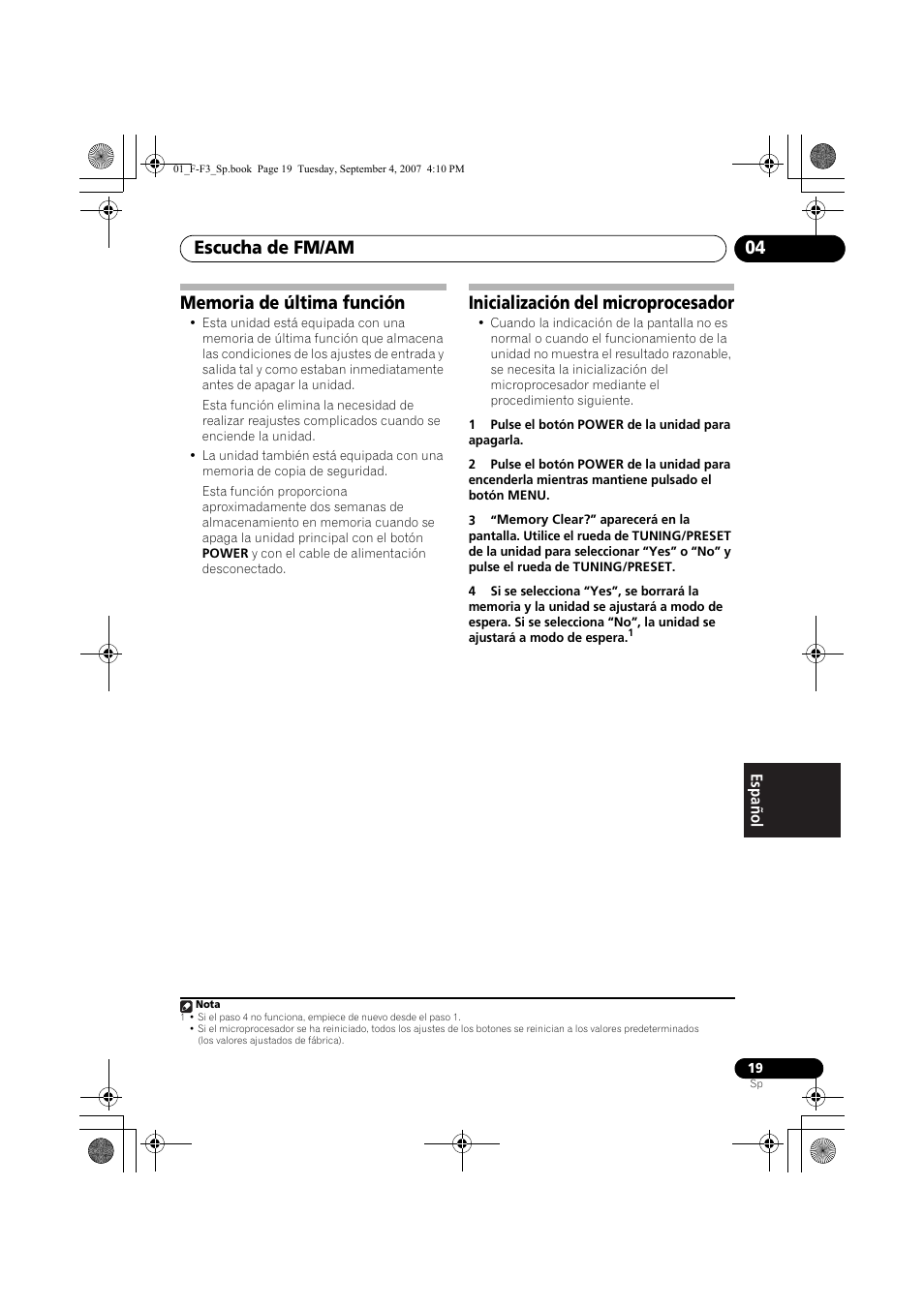 Memoria de última función, Inicialización del microprocesador, Escucha de fm/am 04 | Pioneer F-F3-J User Manual | Page 129 / 134