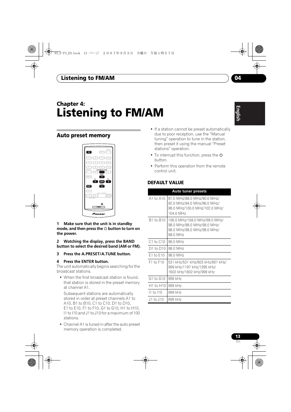 04 listening to fm/am, Auto preset memory, Listening to fm/am | Listening to fm/am 04, Chapter 4, Default value | Pioneer F-F3-J User Manual | Page 13 / 134