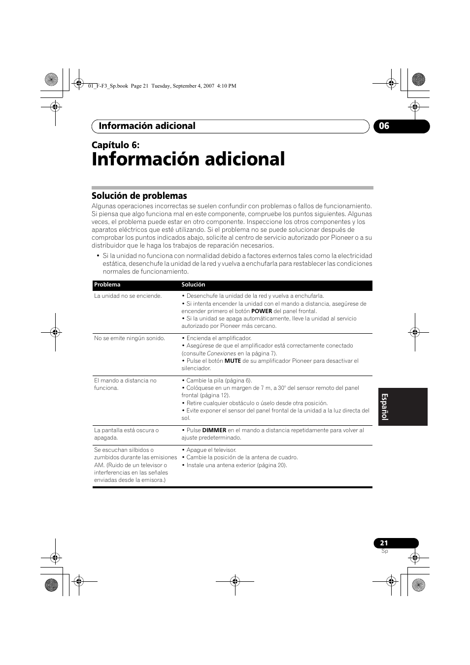 06 información adicional, Solución de problemas, Información adicional | Información adicional 06, Capítulo 6 | Pioneer F-F3-J User Manual | Page 131 / 134