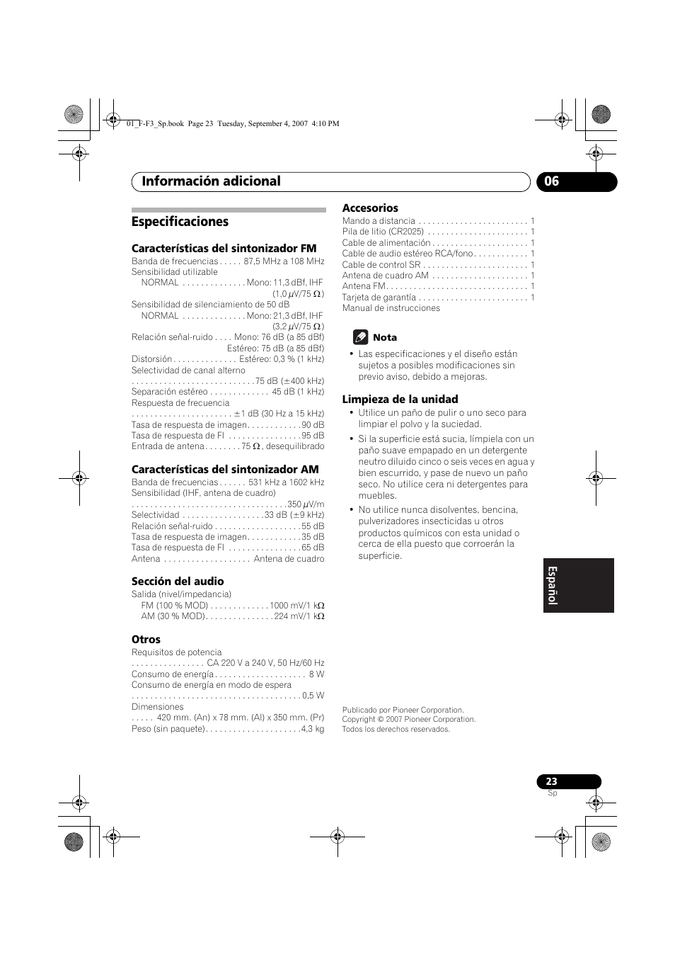 Especificaciones, Información adicional 06 | Pioneer F-F3-J User Manual | Page 133 / 134