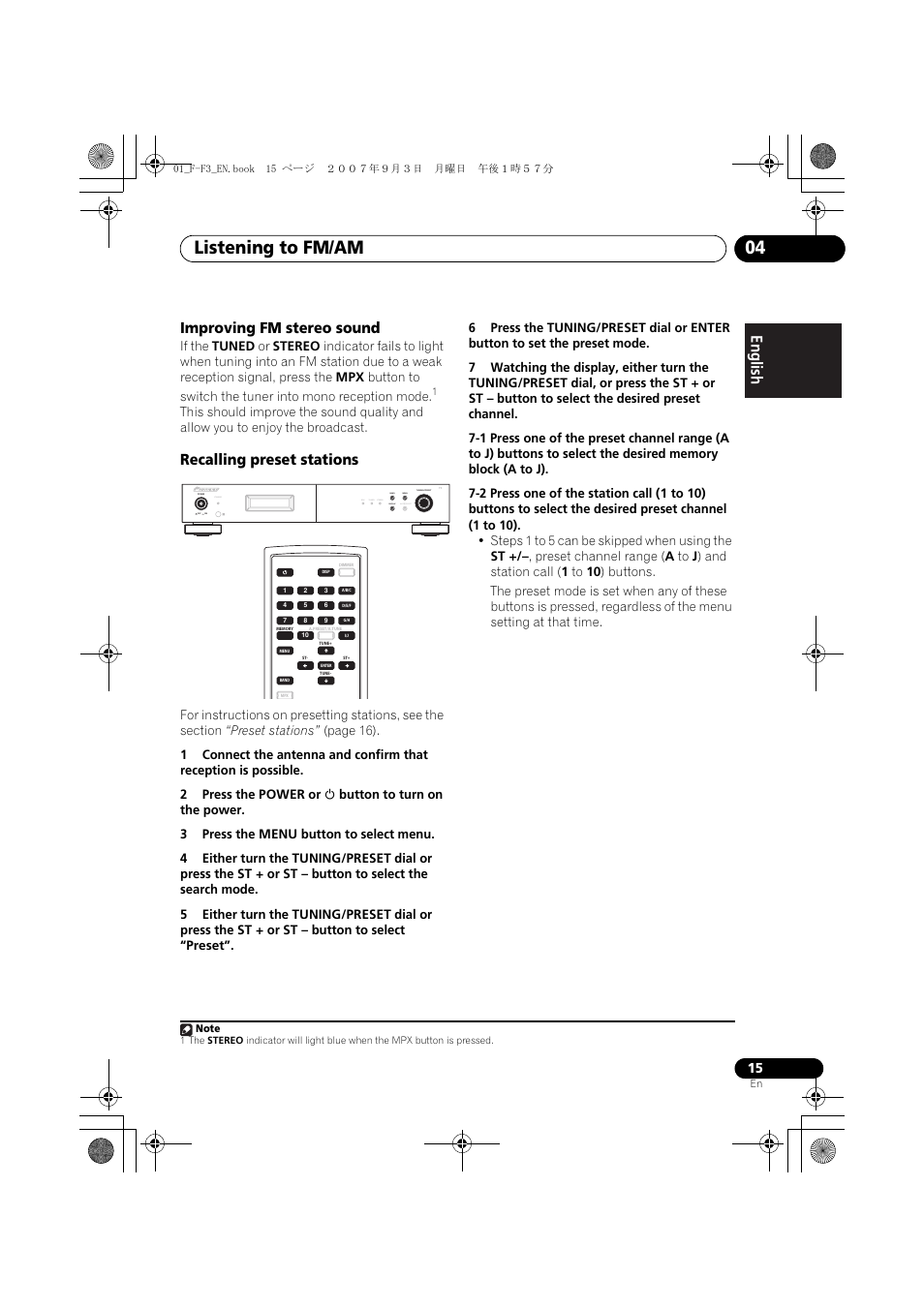 Listening to fm/am 04, Improving fm stereo sound, Recalling preset stations | Standby, Rds tuned stereo band display auto preset menu | Pioneer F-F3-J User Manual | Page 15 / 134