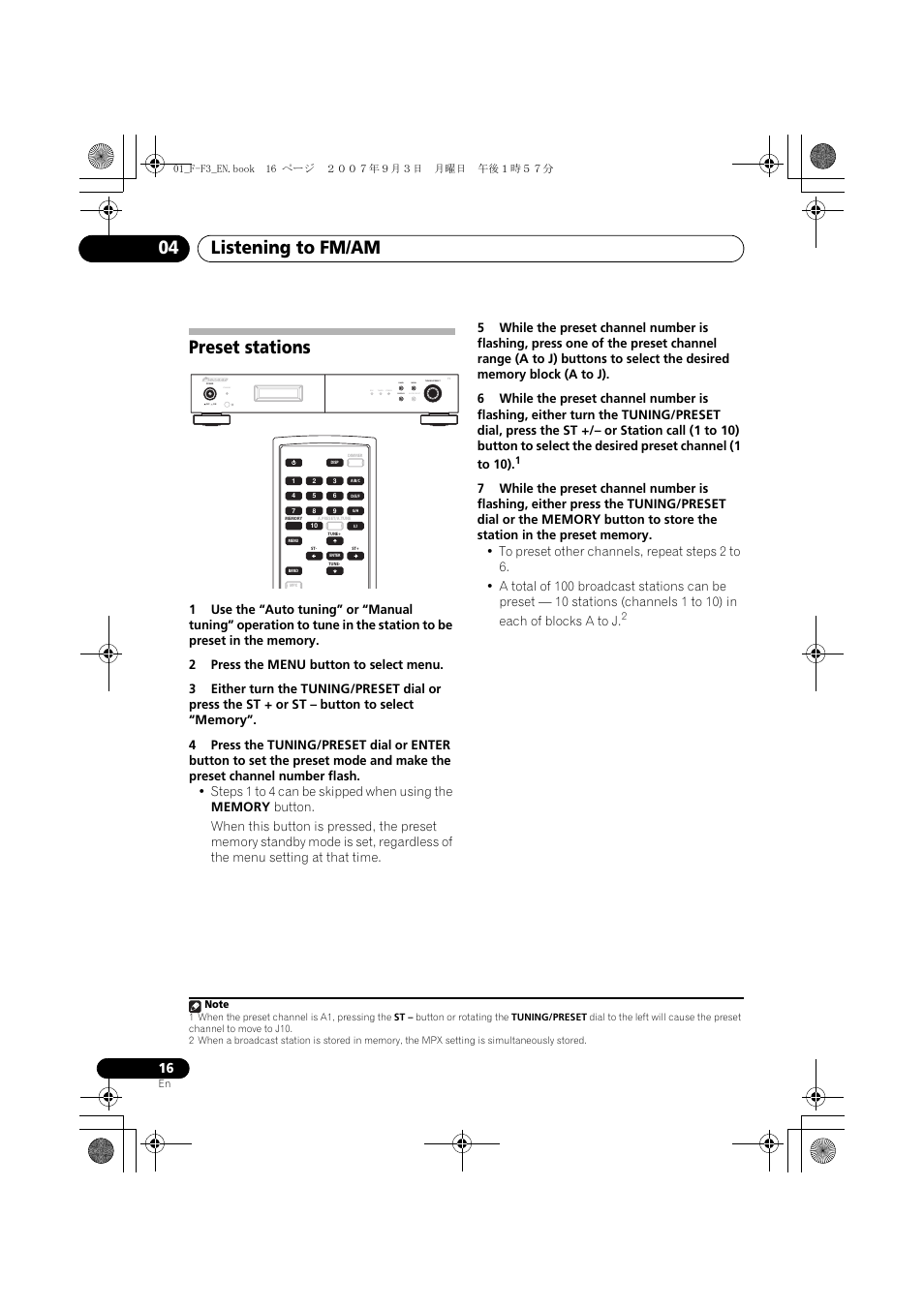 Preset stations, Listening to fm/am 04, Standby | Rds tuned stereo band display auto preset menu | Pioneer F-F3-J User Manual | Page 16 / 134