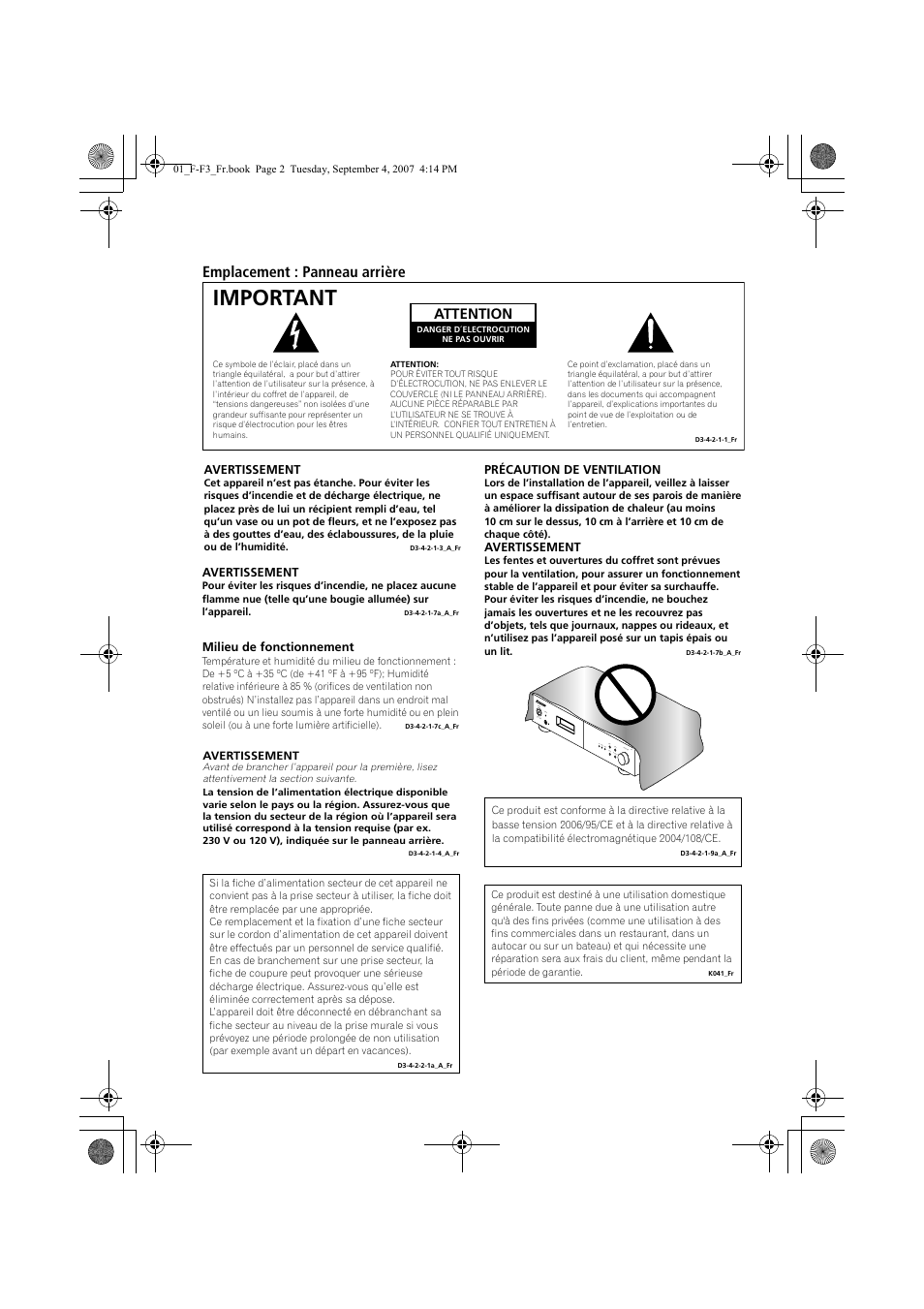 Important, Emplacement : panneau arrière, Attention | Pioneer F-F3-J User Manual | Page 24 / 134