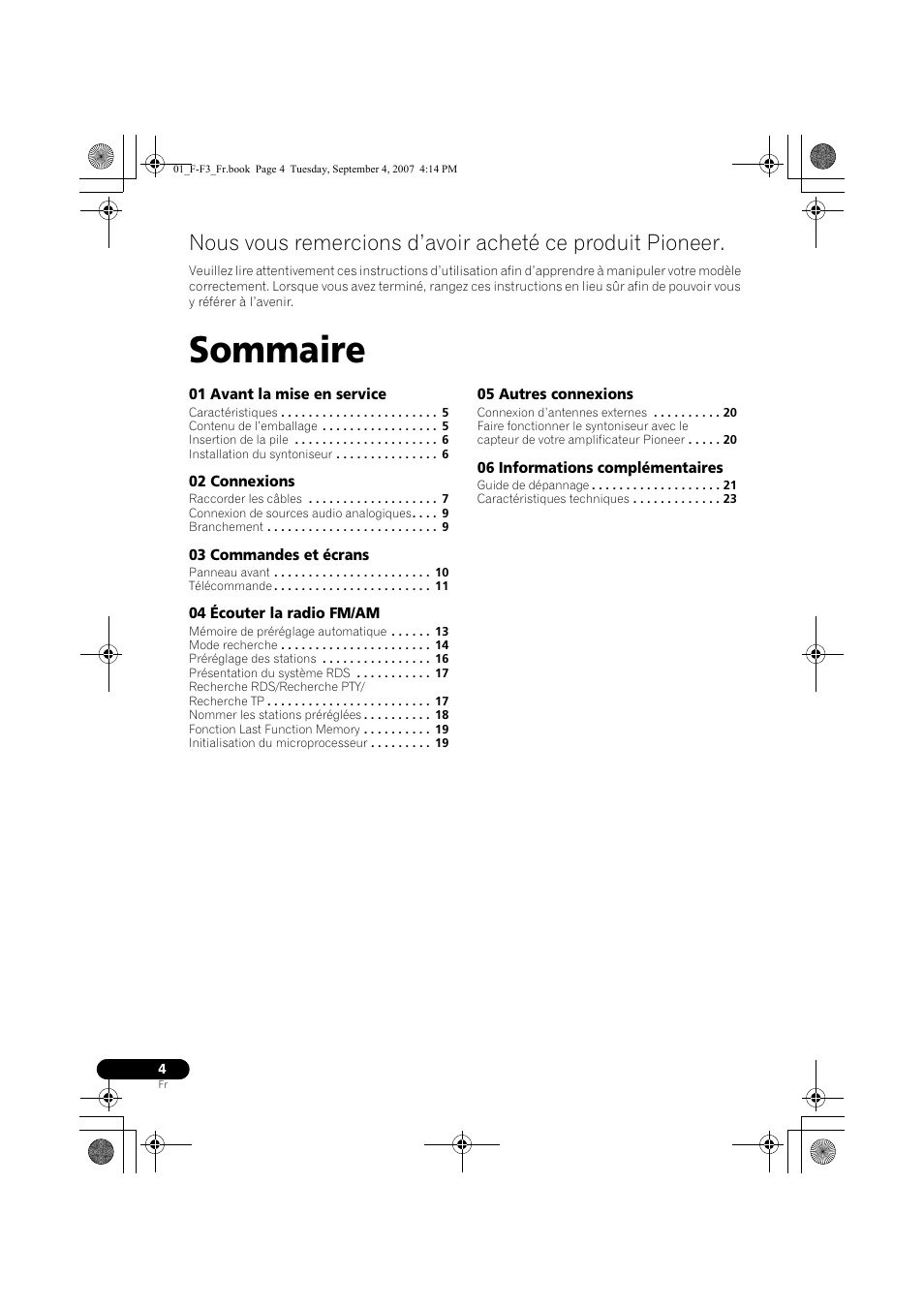 Tuner am/fm, Sommaire | Pioneer F-F3-J User Manual | Page 26 / 134