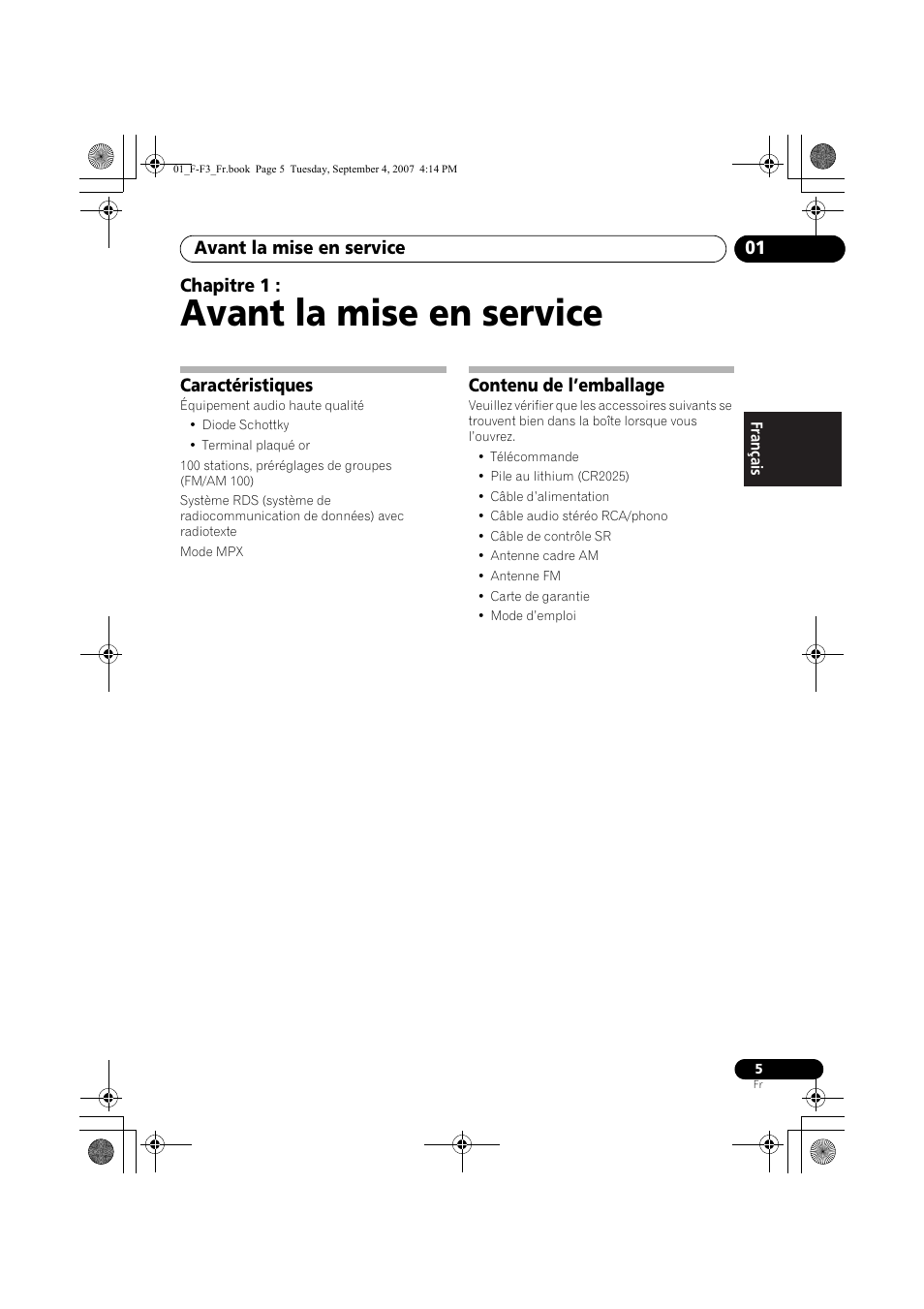 01 avant la mise en service, Caractéristiques, Contenu de l’emballage | Avant la mise en service, Avant la mise en service 01, Chapitre 1 | Pioneer F-F3-J User Manual | Page 27 / 134