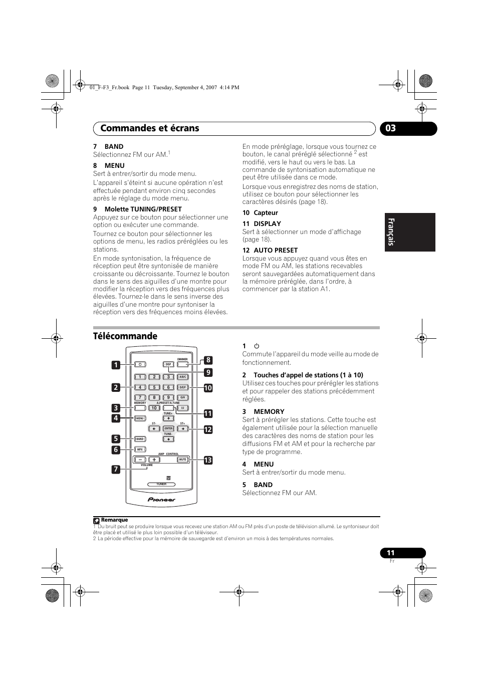 Télécommande, Commandes et écrans 03 | Pioneer F-F3-J User Manual | Page 33 / 134