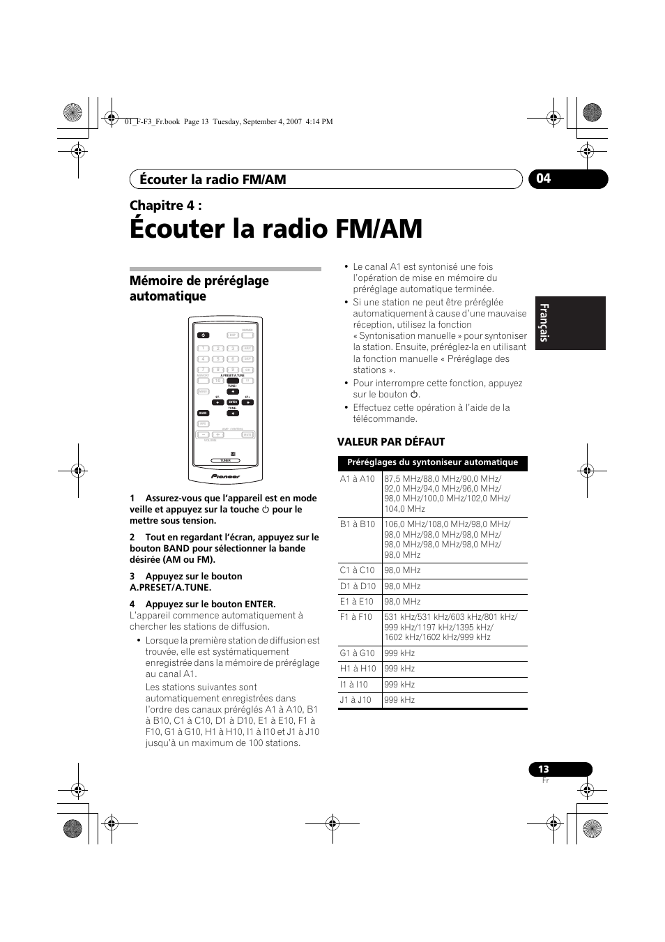 Mémoire de préréglage automatique, Écouter la radio fm/am, Écouter la radio fm/am 04 | Chapitre 4, Valeur par défaut | Pioneer F-F3-J User Manual | Page 35 / 134