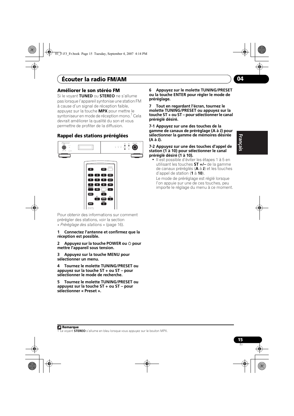 Écouter la radio fm/am 04, Améliorer le son stéréo fm, Rappel des stations préréglées | Standby, Rds tuned stereo band display auto preset menu | Pioneer F-F3-J User Manual | Page 37 / 134