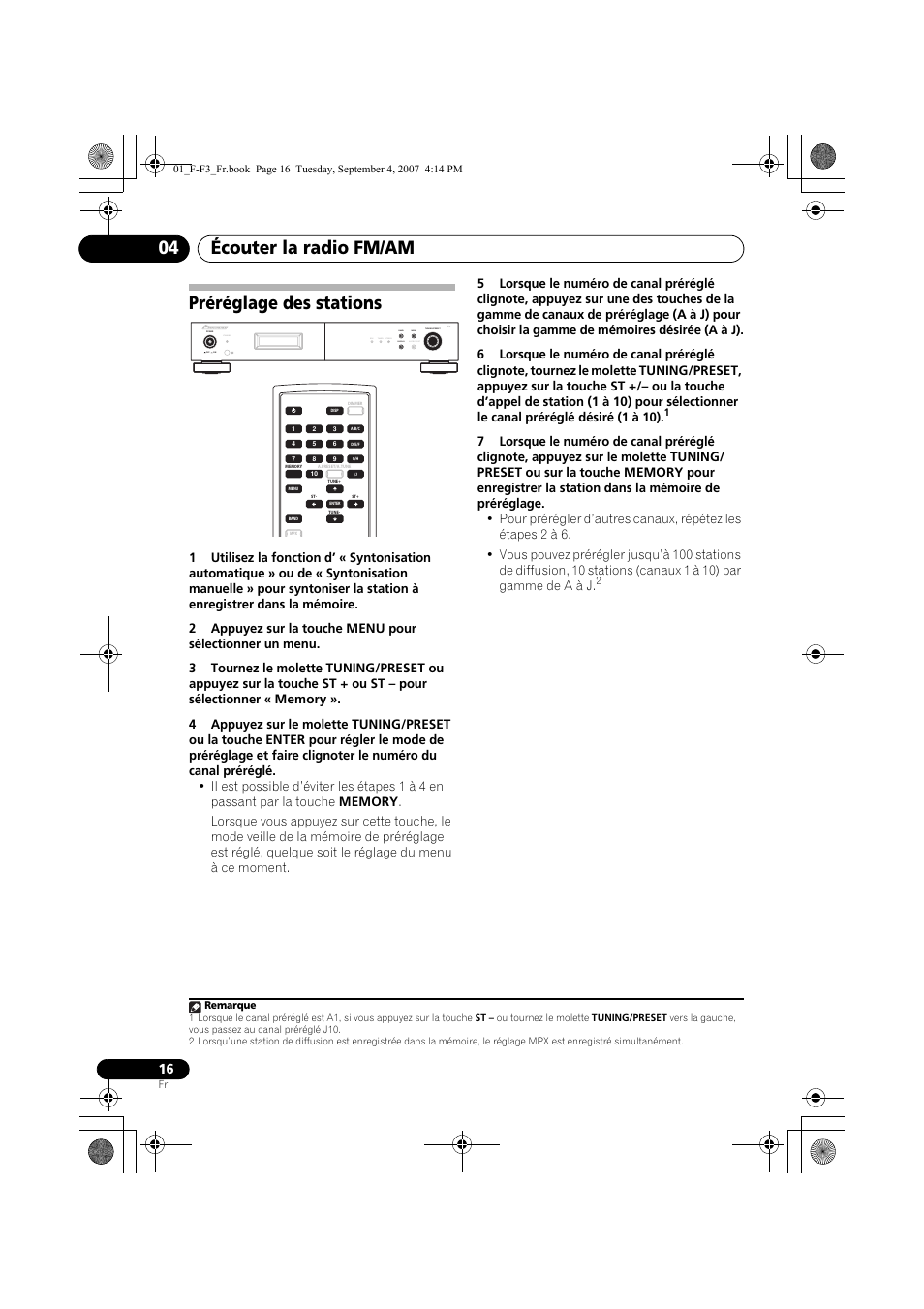 Préréglage des stations, Écouter la radio fm/am 04, Standby | Rds tuned stereo band display auto preset menu | Pioneer F-F3-J User Manual | Page 38 / 134