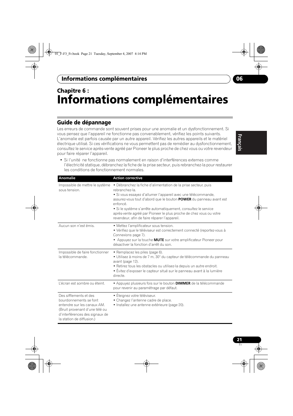06 informations complémentaires, Guide de dépannage, Informations complémentaires | Informations complémentaires 06, Chapitre 6 | Pioneer F-F3-J User Manual | Page 43 / 134