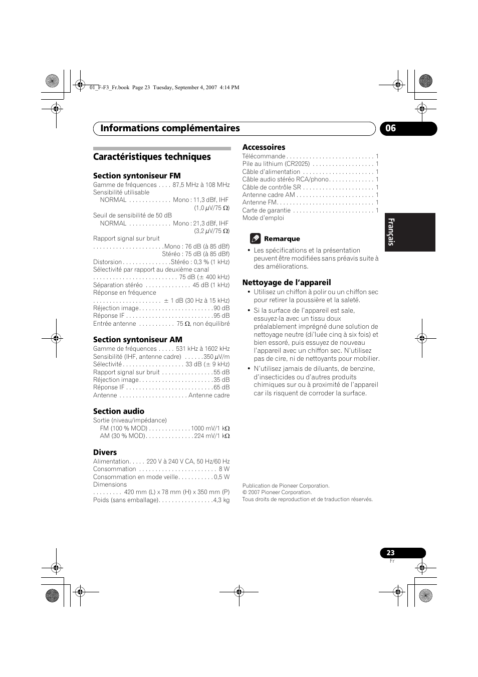 Caractéristiques techniques, Informations complémentaires 06 | Pioneer F-F3-J User Manual | Page 45 / 134