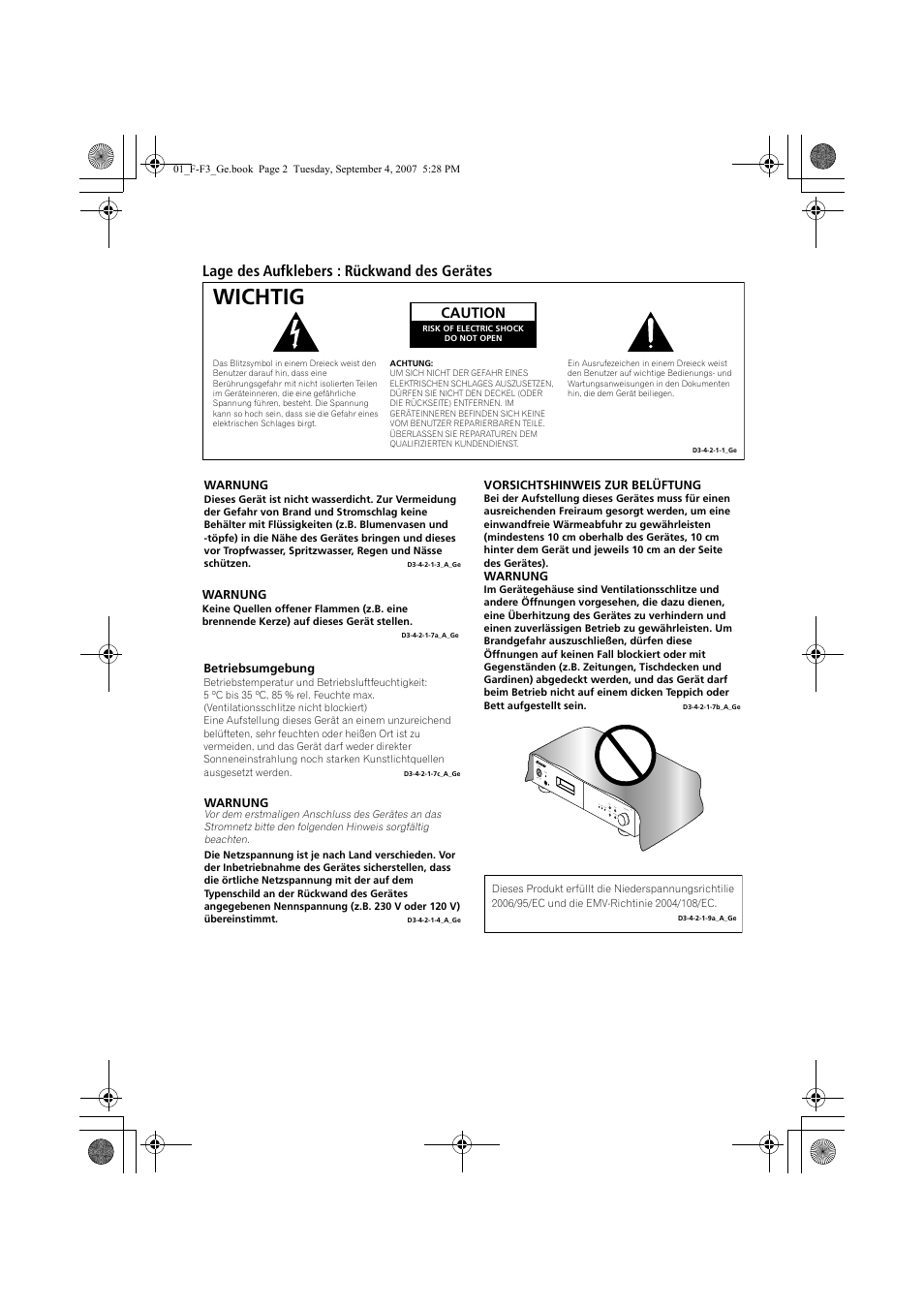 Wichtig, Lage des aufklebers : rückwand des gerätes | Pioneer F-F3-J User Manual | Page 46 / 134