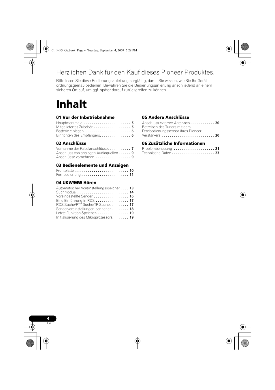 Ukw/mw-tuner, Ungsanleitung, Inhalt | Pioneer F-F3-J User Manual | Page 48 / 134