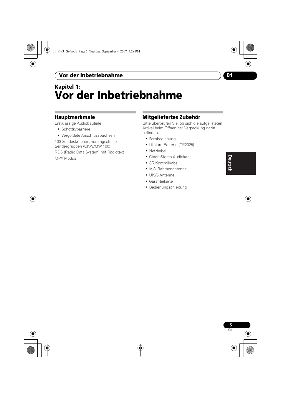 02 anschlüsse, Vornahme der kabelanschlüsse, Vor der inbetriebnahme | Vor der inbetriebnahme 01, Kapitel 1, Hauptmerkmale, Mitgeliefertes zubehör | Pioneer F-F3-J User Manual | Page 49 / 134