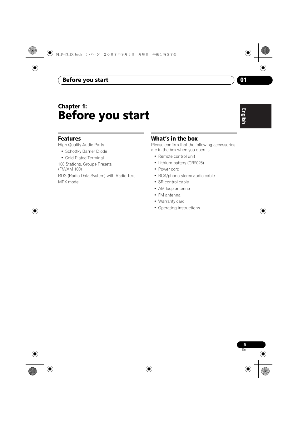 01 before you start, Features, What’s in the box | Before you start, Before you start 01, Chapter 1 | Pioneer F-F3-J User Manual | Page 5 / 134