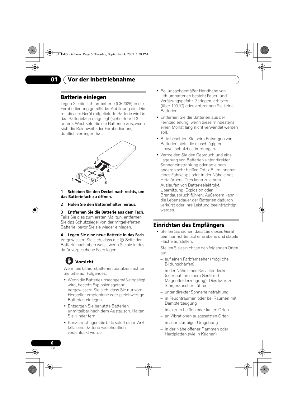 Vor der inbetriebnahme 01, Batterie einlegen, Einrichten des empfängers | Pioneer F-F3-J User Manual | Page 50 / 134