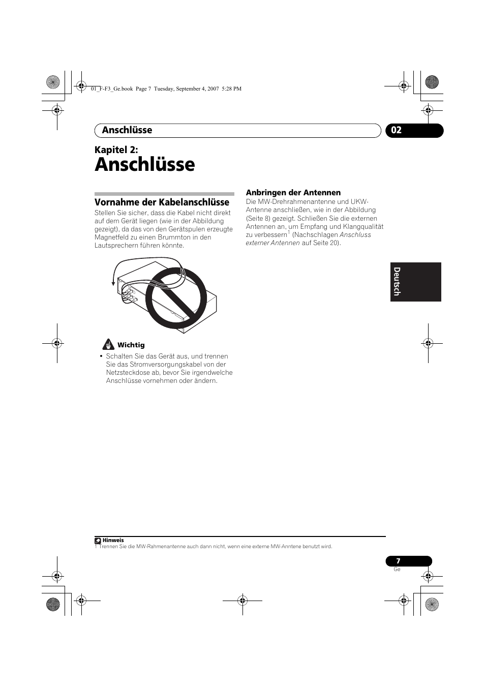 Anschluss von analogen audioquellen, Anschlüsse vornehmen, Anschlüsse | Anschlüsse 02, Kapitel 2, Vornahme der kabelanschlüsse | Pioneer F-F3-J User Manual | Page 51 / 134
