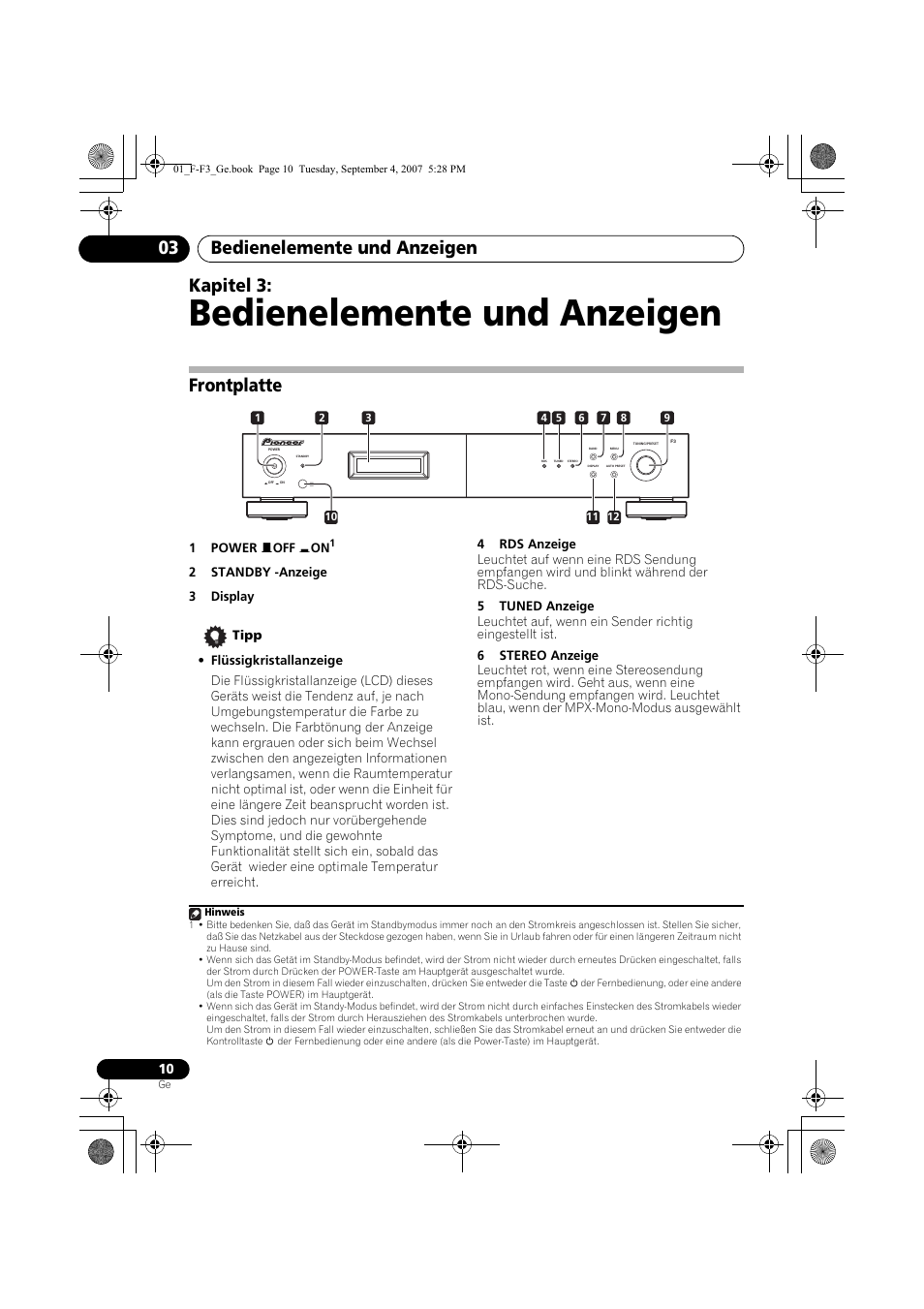 Bedienelemente und anzeigen, Bedienelemente und anzeigen 03, Kapitel 3 | Frontplatte | Pioneer F-F3-J User Manual | Page 54 / 134