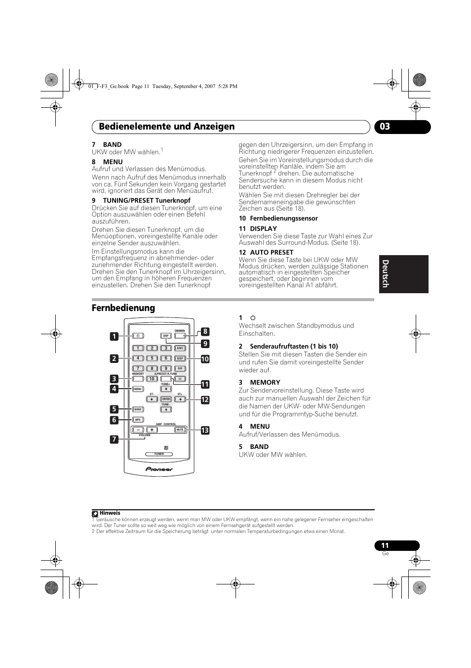 04 ukw/mw hören, Automatischer voreinstellungsspeicher, Bedienelemente und anzeigen 03 | Fernbedienung | Pioneer F-F3-J User Manual | Page 55 / 134