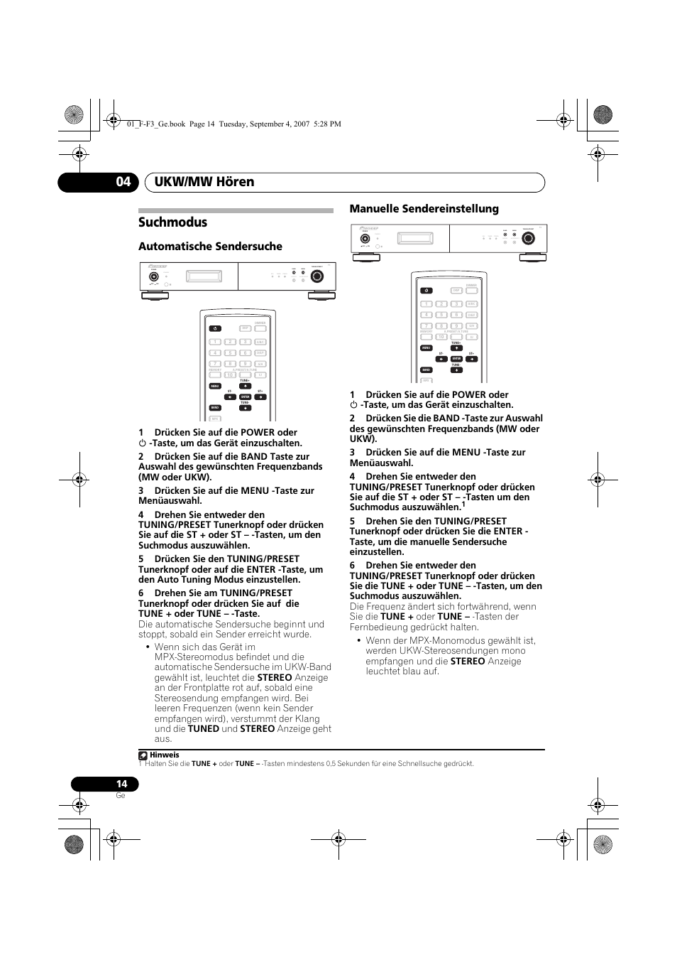 Voreingestellte sender, Ukw/mw hören 04, Suchmodus | Automatische sendersuche, Manuelle sendereinstellung, Standby, Rds tuned stereo band display auto preset menu | Pioneer F-F3-J User Manual | Page 58 / 134