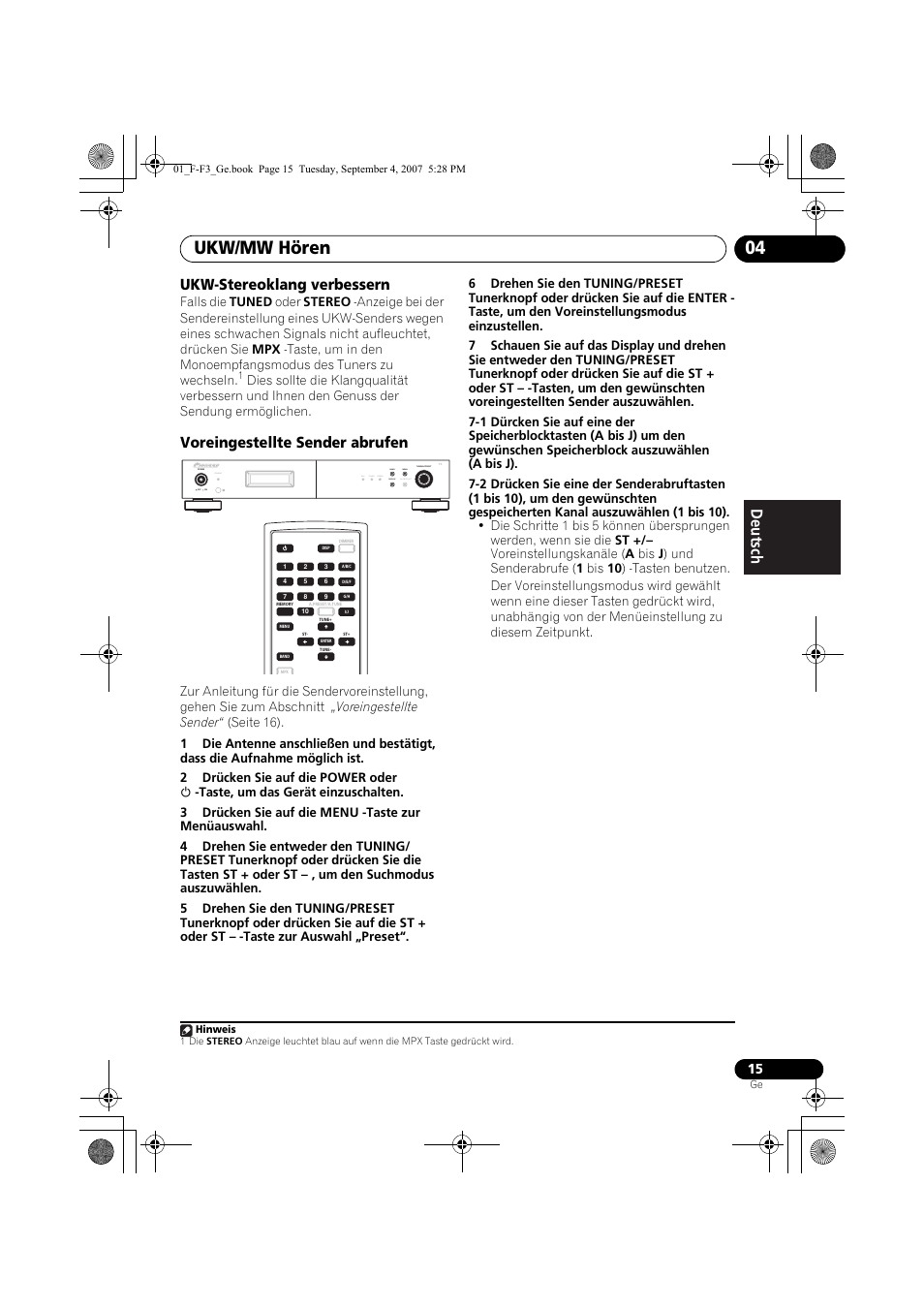 Eine einführung in rds, Rds-suche/pty-suche/tp-suche, Ukw/mw hören 04 | Ukw-stereoklang verbessern, Voreingestellte sender abrufen, Standby, Rds tuned stereo band display auto preset menu | Pioneer F-F3-J User Manual | Page 59 / 134