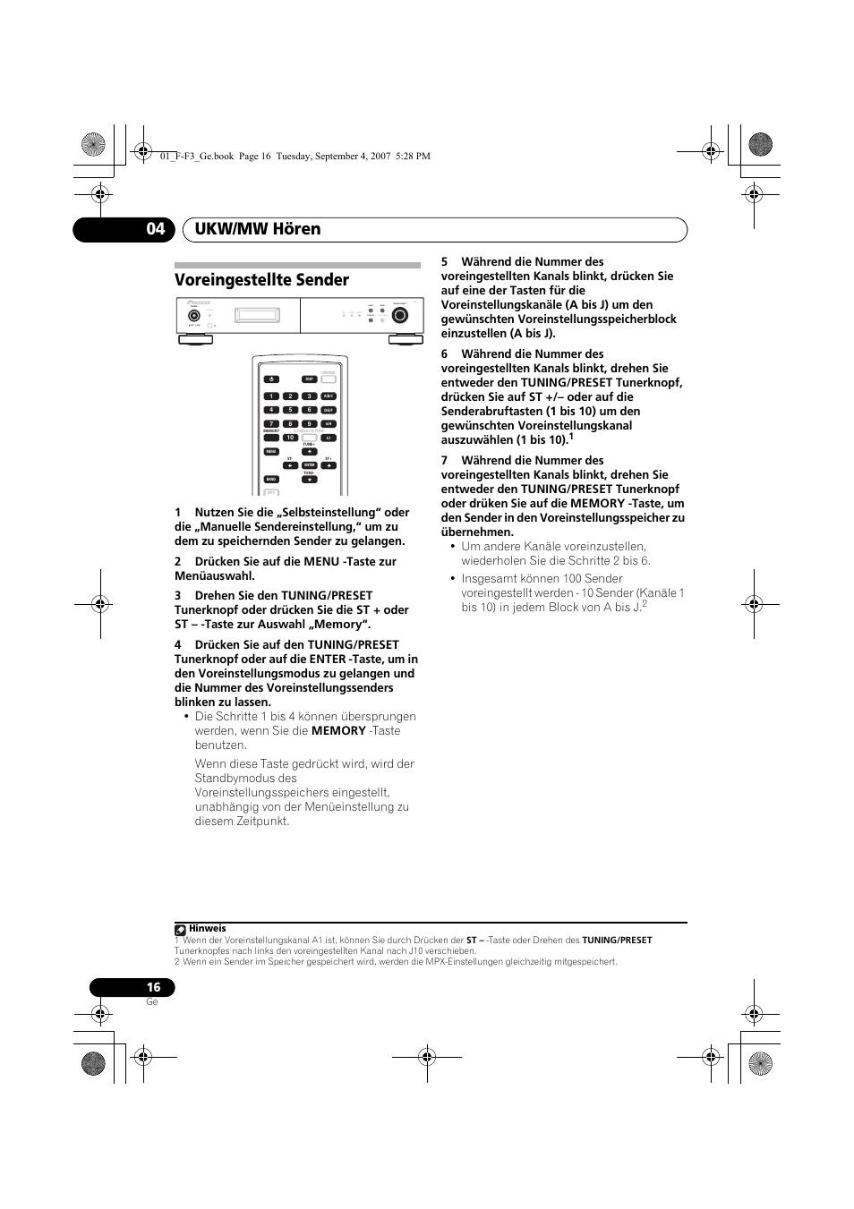Sendervoreinstellungen bennenen, Ukw/mw hören 04, Voreingestellte sender | Standby, Rds tuned stereo band display auto preset menu | Pioneer F-F3-J User Manual | Page 60 / 134