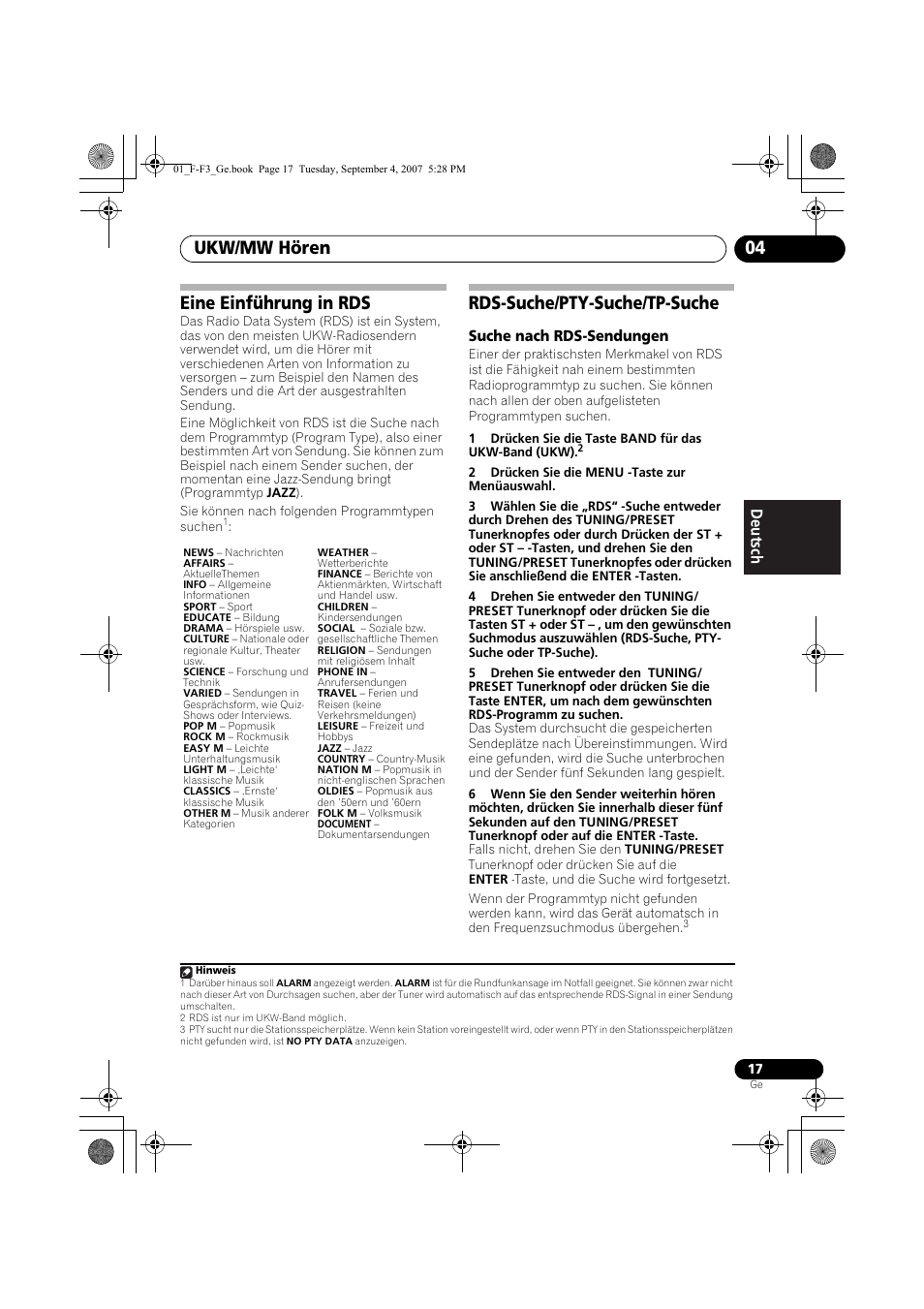 Letzte-funktion-speicher, Initialisierung des mikroprozessors, Ukw/mw hören 04 | Eine einführung in rds, Rds-suche/pty-suche/tp-suche | Pioneer F-F3-J User Manual | Page 61 / 134