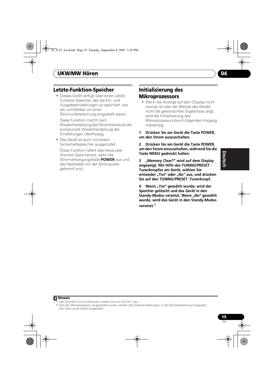 06 zusätzliche informationen, Problembehebung, Ukw/mw hören 04 | Letzte-funktion-speicher, Initialisierung des mikroprozessors | Pioneer F-F3-J User Manual | Page 63 / 134