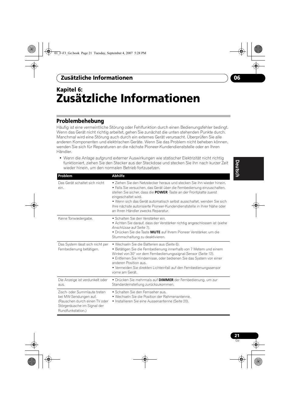 Technische daten, Zusätzliche informationen, Zusätzliche informationen 06 | Kapitel 6, Problembehebung | Pioneer F-F3-J User Manual | Page 65 / 134
