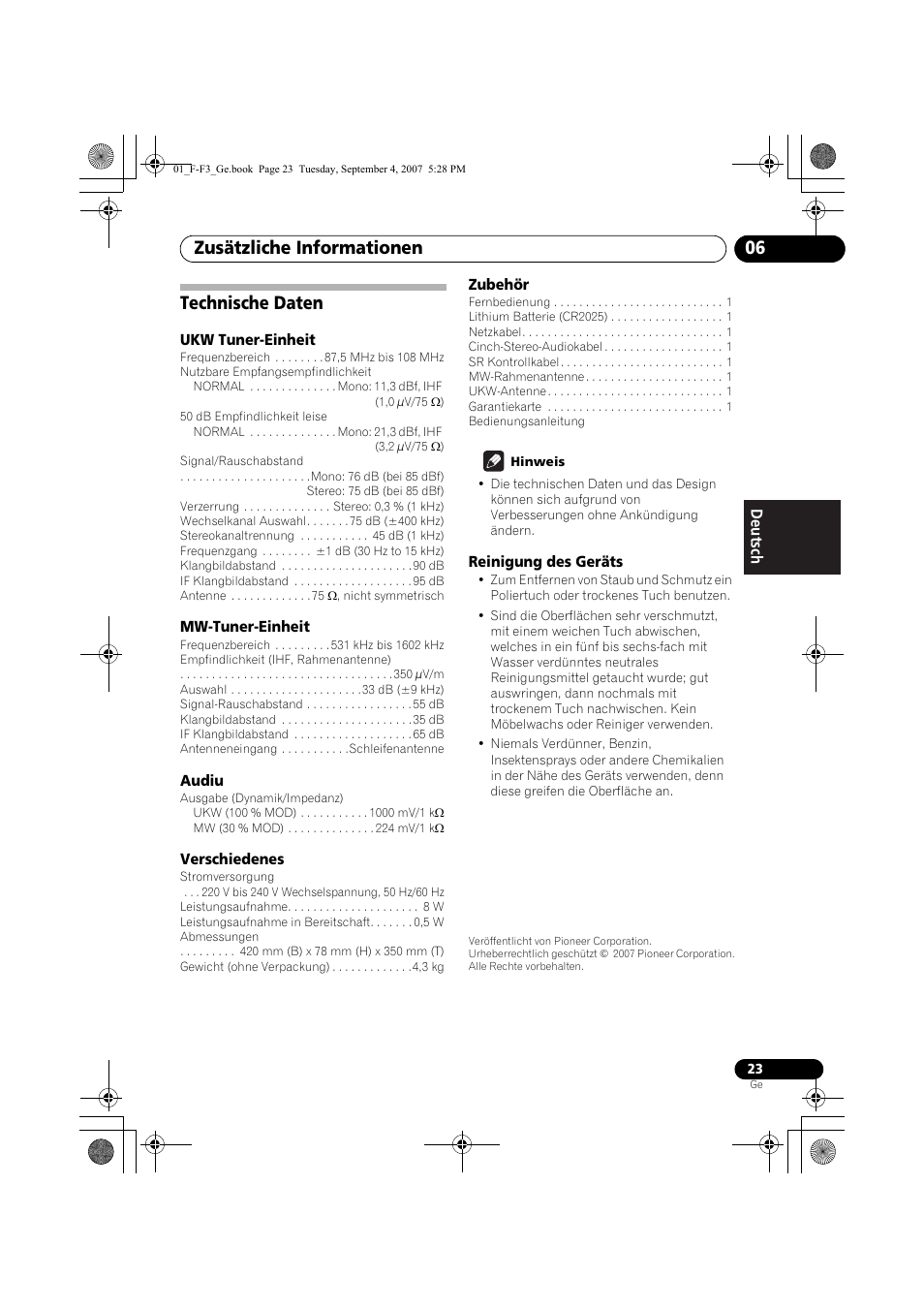 Zusätzliche informationen 06, Technische daten | Pioneer F-F3-J User Manual | Page 67 / 134