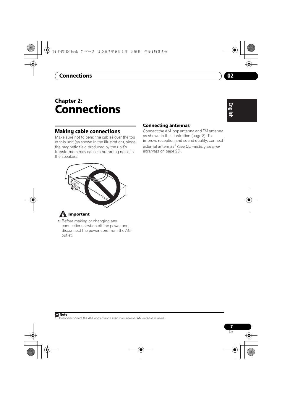 02 connections, Making cable connections, Connections | Connections 02, Chapter 2 | Pioneer F-F3-J User Manual | Page 7 / 134