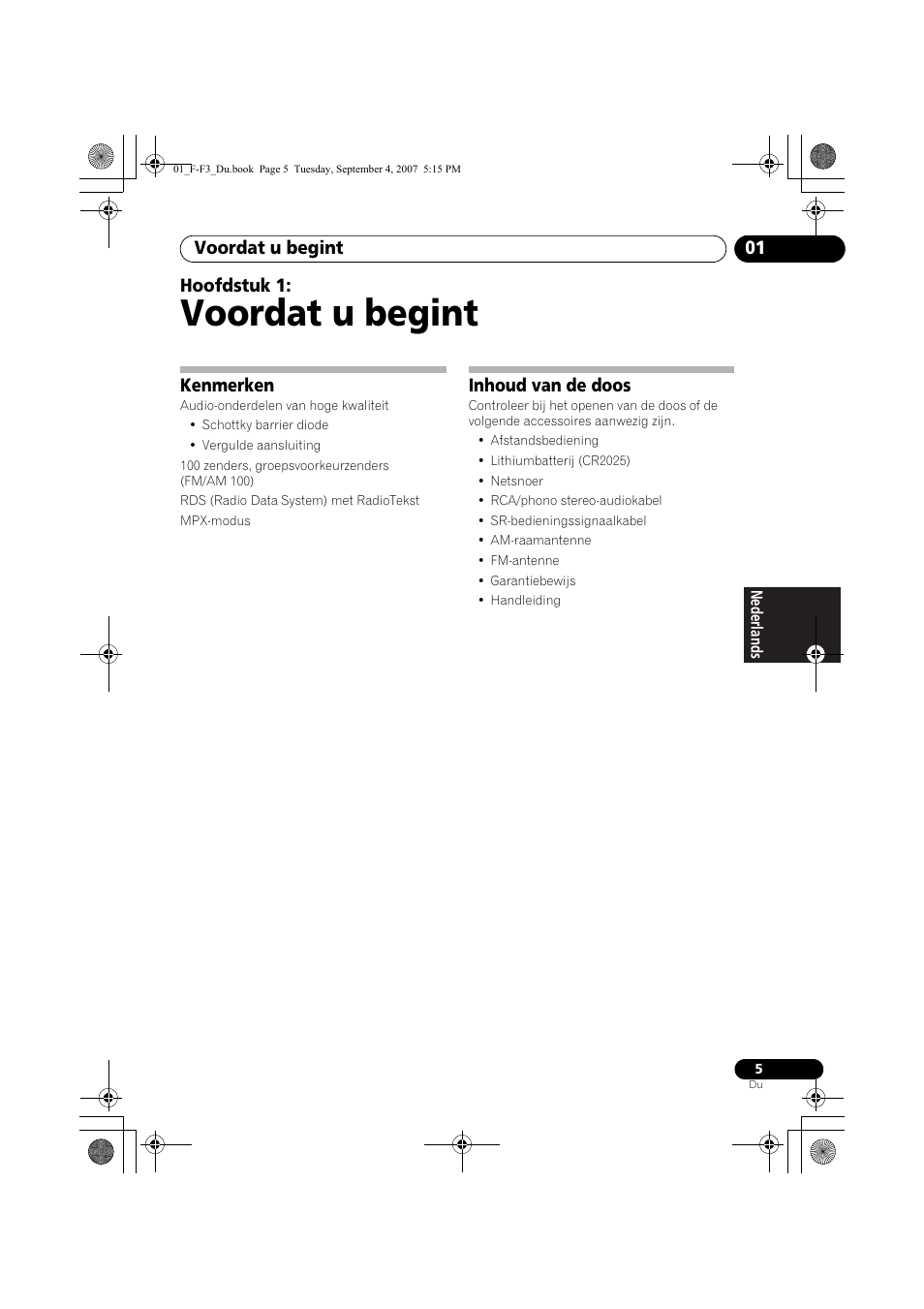 01 voordat u begint, Kenmerken, Inhoud van de doos | Voordat u begint, Voordat u begint 01, Hoofdstuk 1 | Pioneer F-F3-J User Manual | Page 71 / 134