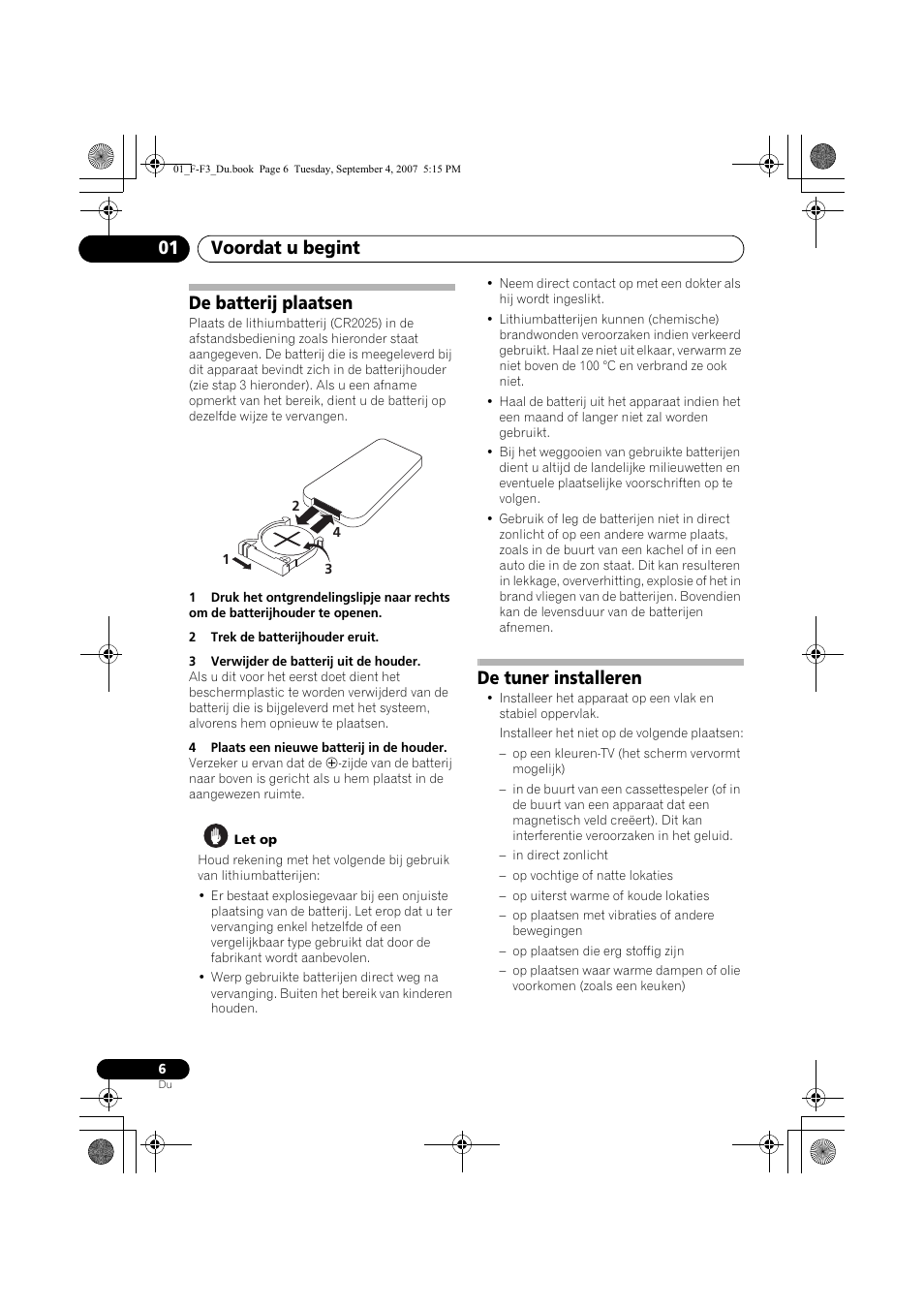 De batterij plaatsen, De tuner installeren, Voordat u begint 01 | Pioneer F-F3-J User Manual | Page 72 / 134